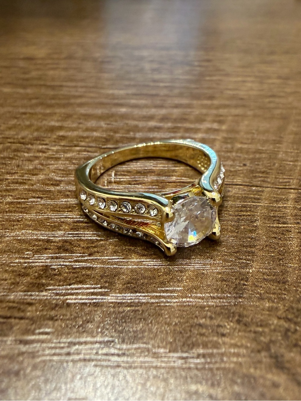 Gold-Tone Cubic Zirconia Solitaire Ring - Elegant Women’s Fashion Jewelry
